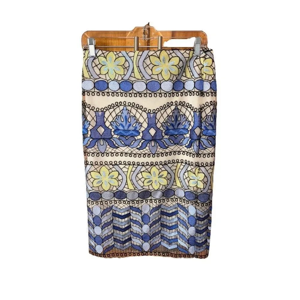 Beige ECI All Over Embroidery Midi Length Skirt 8 Teal Green Floral Lace Lined